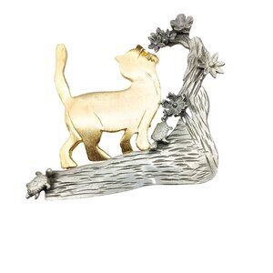 Vintage Ultra Craft Two Tone Cat Pin with Floral Design on Textured Branch